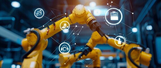 AI technology in industry, yellow robot arms, manufacturing, product design icons floating above, connected lines show flow of information