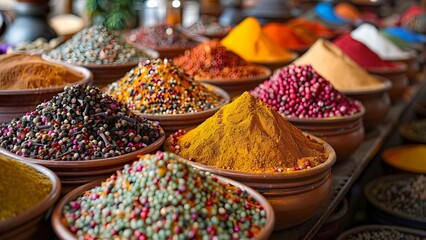 Vibrant spice market celebrates diverse culinary traditions with lively aromatic displays. Concept Spice Market, Culinary Traditions, Aromatic Displays, Vibrant Colors, Diversity - obrazy, fototapety, plakaty
