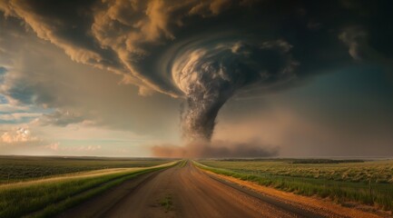 Dramatic Tornado, Intense Twister Swirling Over Open Plains, Dark Sky, Danger, Power, Green Grass, Dirt Roads Nearby