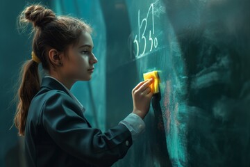 Girl Cleaning Blackboard, Side View, Writing on Big Dark Blue Wall, Closeup Shot