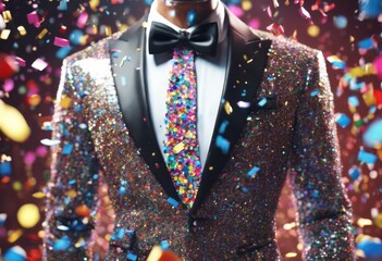 'confetti Year sequins New 3D Render Party black Tuxedo tie Colorful multicolored formal glitter sequin bow birthday wedding co' - obrazy, fototapety, plakaty