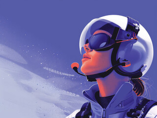 Vector illustration of a fighter pilot in helmet against a white background with a jet in profile. - obrazy, fototapety, plakaty
