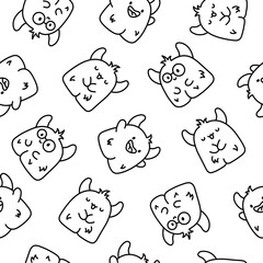 Funny kawaii monster cartoon. Seamless pattern. Coloring Page. Cute fantastic character. Hand drawn style. Vector drawing. Design ornaments.