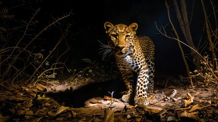 beautiful portrait of a leopard in its habitat at night