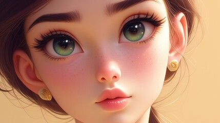 A stunning cartoon cartoon character girl with captivating big eyes is portrayed in a close up shot This beautiful brunette exudes charm with her attractive features and cute demeanor accen - obrazy, fototapety, plakaty