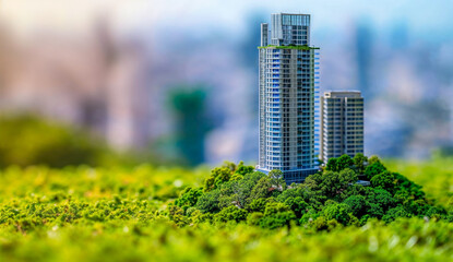 Model of a luxurious building on a grassy area with a city in the background.