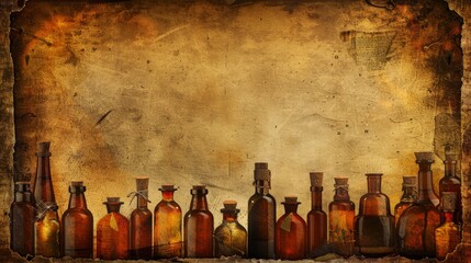 A row of vintage glass bottles set against a rustic, aged background, creating a nostalgic and antique atmosphere with a touch of historical charm.