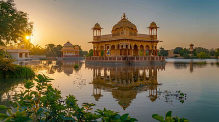 Fototapeta premium a golden-hued architectural structure reflected in calm waters, with the sun setting gracefully in the background
