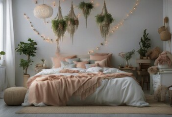 pastel design photo girls boho decorations mock no pillows wall wallpaper decorative realistic beautiful interior bedroom and lots wall decorations very dreamy white