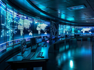 Futuristic secret underground lair with glowing blue screens