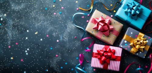 Festive gift boxes on a sparkling textured background, perfect for holidays.