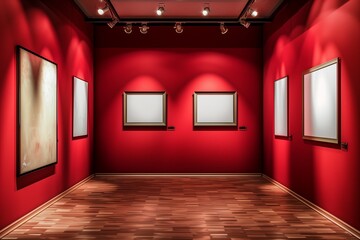 *Modern Art Gallery with Deep Red Walls and Canvas Frames Ready for Mockups,