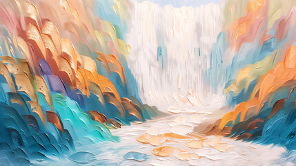 Impressionist Reverie: Warm Spectrum Waterfall Scene - Abstract Expressionist Art for Invigorating Wall Decor and Gallery Settings - obrazy, fototapety, plakaty