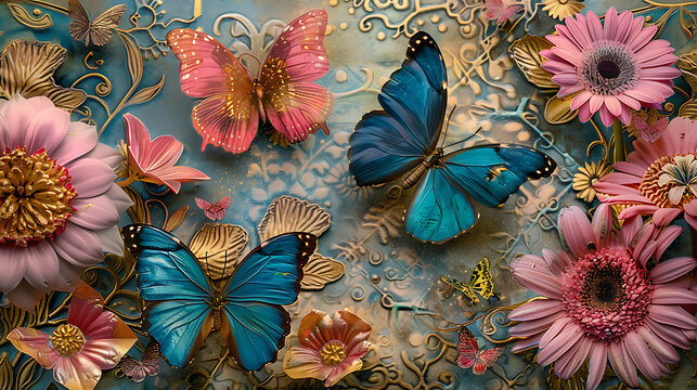 a delightful scene where colorful butterflies and vibrant flowers come together in an artistic display