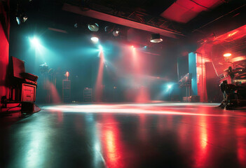 'Stage shows Dark blue background empty scene laser beams neon spotlights reflecting asphalt floor...