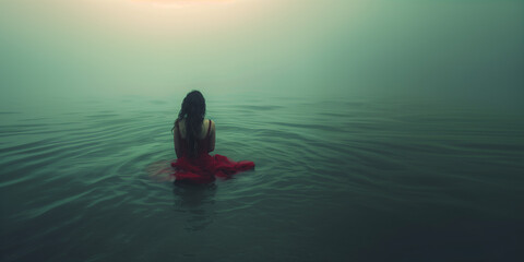 Fototapeta premium A Woman in a Red Dress: A Poetic Moment of Loneliness in The Emerald Waters