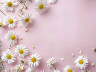 white daisy chamomile flowers on a pink background