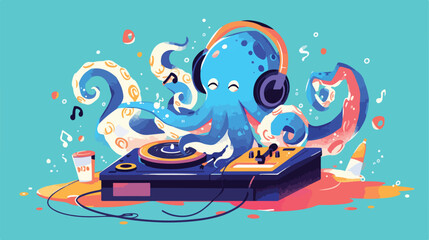 Octopus dj with vinyl disc and turntable. Live musi