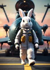 Foto op Canvas A cute fluffy rabbit pilot walking on a military aircraft carrier unreal engine render 8k cinemat © Abdul Rehman