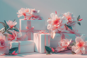 Stack of gift boxes with pink flower surrounded table