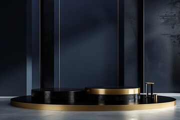 Sophisticated Black and Gold Podium Setup in a Minimal Scene, Set Against a Navy Blue Gallery Background with Optimal Lighting