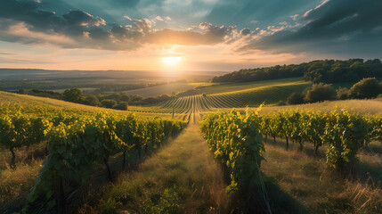 A panoramic scene of rolling vineyards at sunset in a peaceful countryside