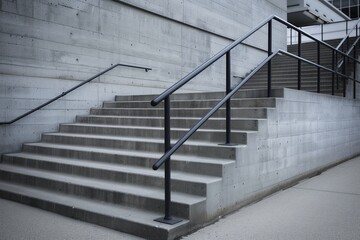 Stylish Concrete Stairs with Black Metal Railings in a Soft Gray Shopping Mall, Ideal for Architectural Digests and Commercial Property Listings.
