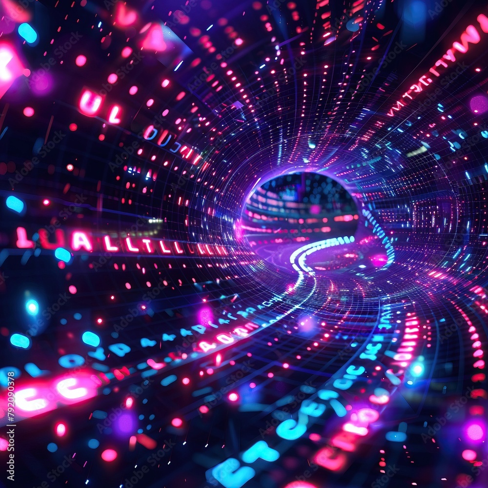 Poster futuristic data stream tunnel with glowing binary code and neon lights technology concept