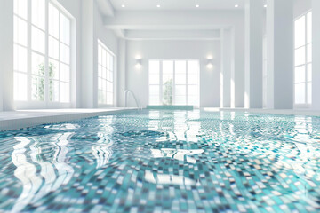Elegant indoor swimming pool with a mosaic-tiled floor and a relaxing ambiance, isolated on solid white background.