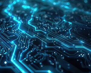 Futuristic technology background featuring a network of glowing blue circuit lines and digital nodes, ideal for high-tech presentations or web designs