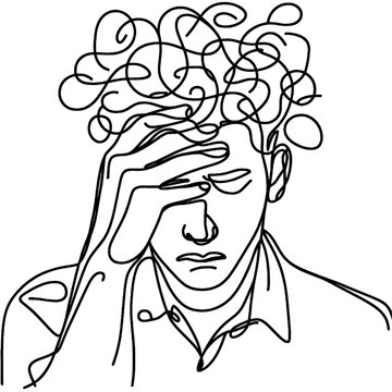 recommend clip art: Continuous one line drawing of a person with confused feelings worried about bad mental health High quality and isolated on a white background. Problems, failure and grief concept