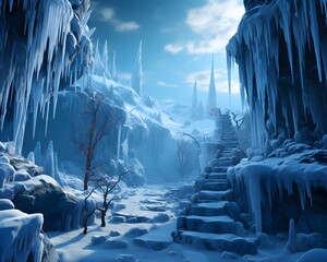 Fantasy winter landscape with frozen waterfall and stairs. 3d illustration - Powered by Adobe