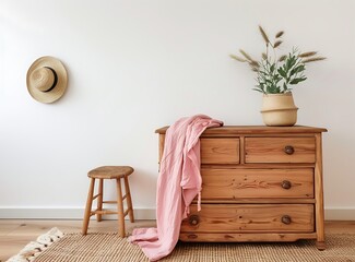 White wall with wooden chest of drawers and pastel pink blanket on it