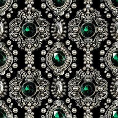Seamless pattern of antique silver jewelry with gemstones