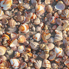 Seamless pattern of pretty shells on a sandy beach