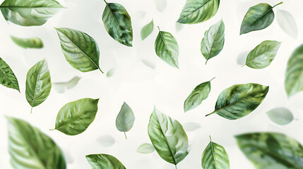 a collection of green leaves floating against a transparent background. The leaves vary in size and shape, creating a dynamic and lively composition