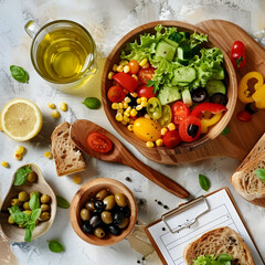 Refreshingly Healthy Meal Prep: Colorful Salad, Whole Grain Sandwich, and Infused Water on Rustic Kitchen Tabletop.