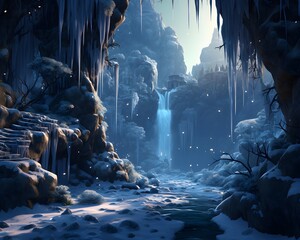 Fantasy winter landscape with a waterfall and ice cave. 3d rendering