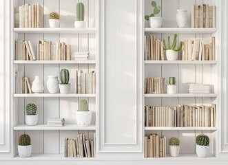 White wooden bookshelves with books and cacti on the shelves in an office