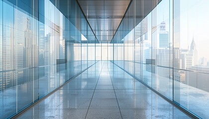 This high-definition image presents a sophisticated glass office corridor, illuminated by perfectly balanced daylight
