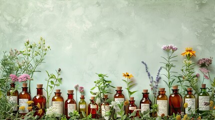 banner background National Herbalist Day theme, and wide copy space, herbal medicine, A herbalist's workshop with drying racks, herb bundles hanging, and tools of the trade, for banner, UHD image - obrazy, fototapety, plakaty