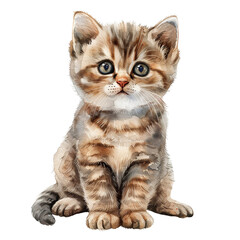 A cute kitten is sitting on a white background