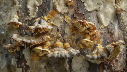 This image presents a strikingly detailed view of fungi growing on a tree, with a clarity that emphasizes the symbiotic relationship between the two.
