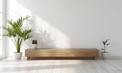 Wooden TV cabinet in a white empty room with a plant