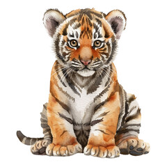 Obraz premium A baby tiger is sitting on its hind legs and looking at the camera