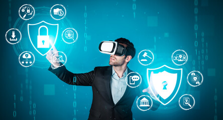Caucasian project manager wearing VR glasses while look at hologram of security system. Smart businessman using visual reality goggle while connect metaverse plan and access privacy code. Deviation.