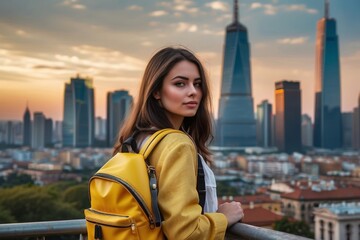 Fototapeta premium Tourist girl with yellow backpack, back view, background amazing stunning landscape, travel concept, hiking, hiking.