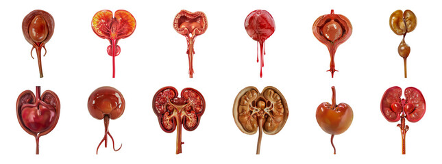 Detailed human bladder and urinary system anatomy models cut out png on transparent background