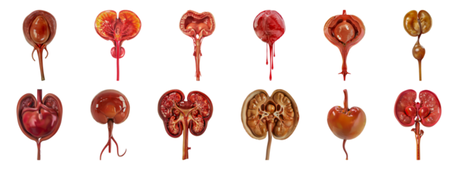 Detailed human bladder and urinary system anatomy models cut out png on transparent background
