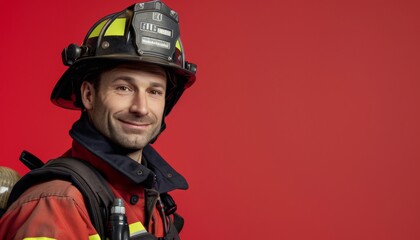 Obraz na płótnie Canvas Confident Firefighter in Full Gear, Mature Hero with a Smile on Red Background, Copy Space